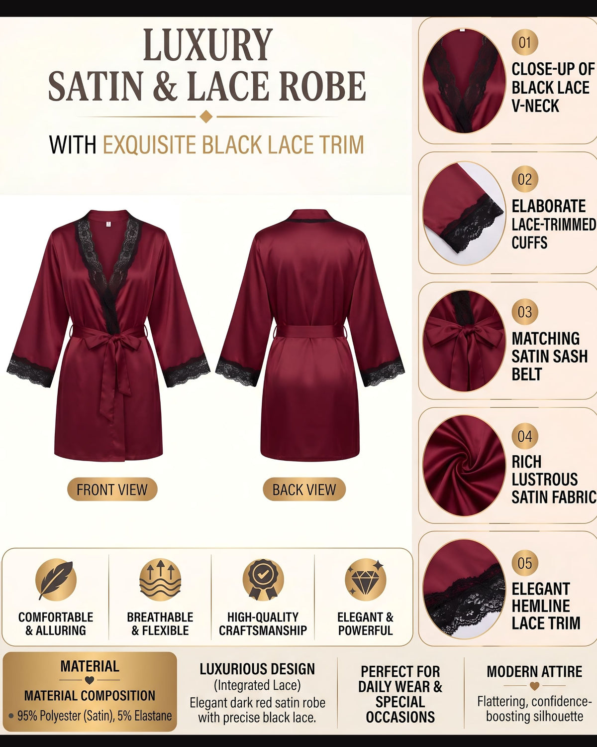 Linsori Bordeaux Satin Floral Lace Robe -  Product detail view