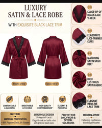 Linsori Bordeaux Satin Floral Lace Robe -  Product detail view