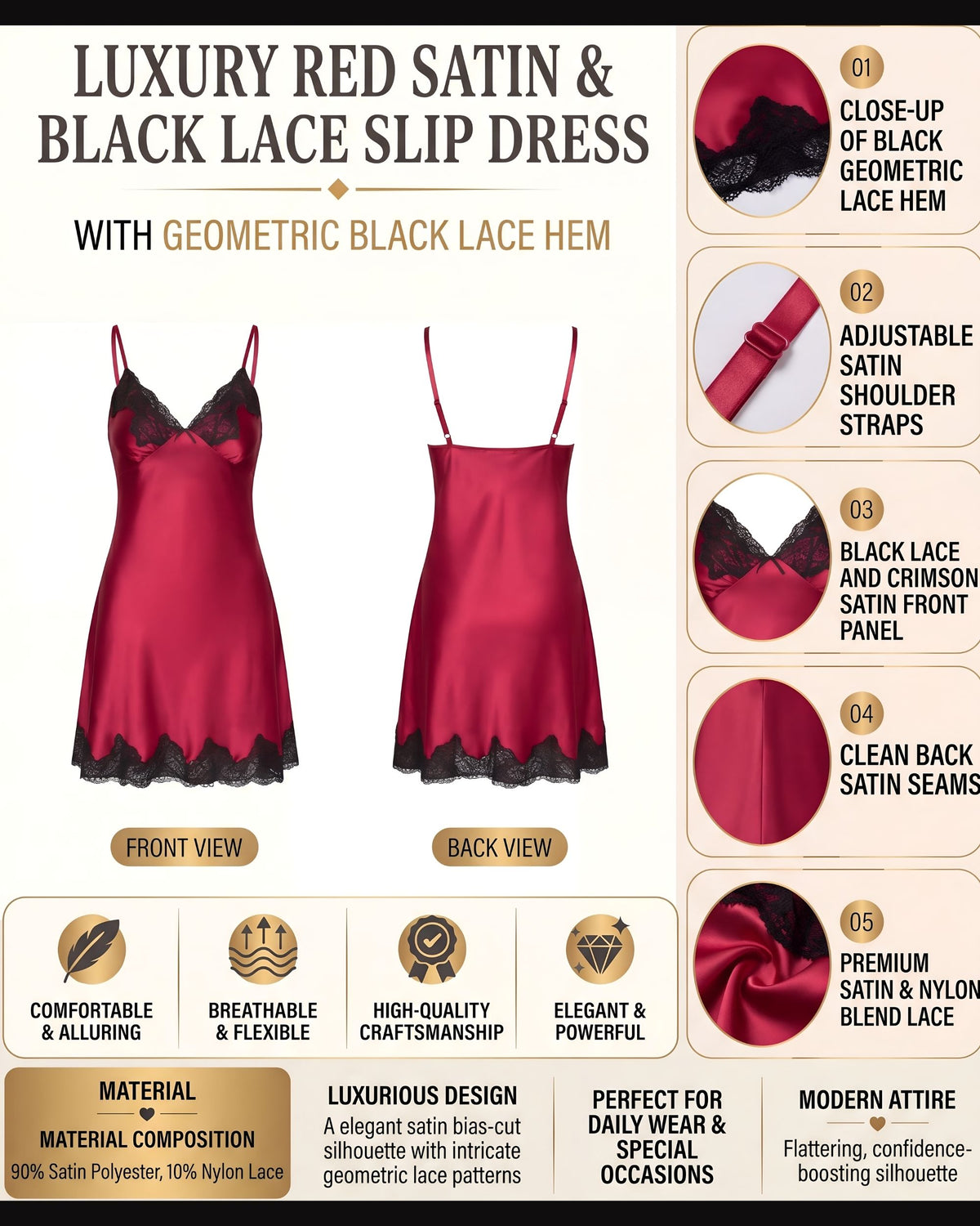 Linsori Bordeaux Satin Nightdress -  Product detail view