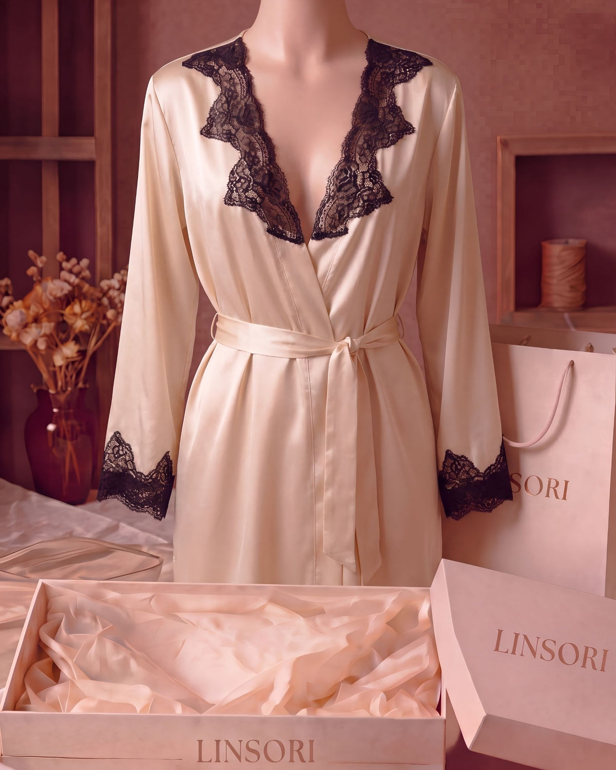 Linsori Ivory Satin Lace-Trimmed Robe - Mannequin View
