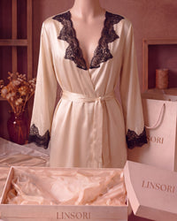 Linsori Ivory Satin Lace-Trimmed Robe - Mannequin View