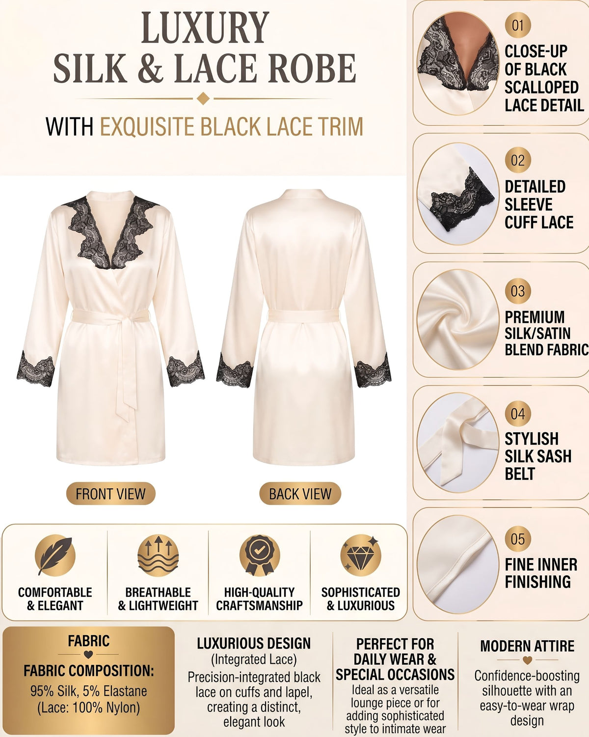 Linsori Ivory Satin Lace-Trimmed Robe -  Product detail view
