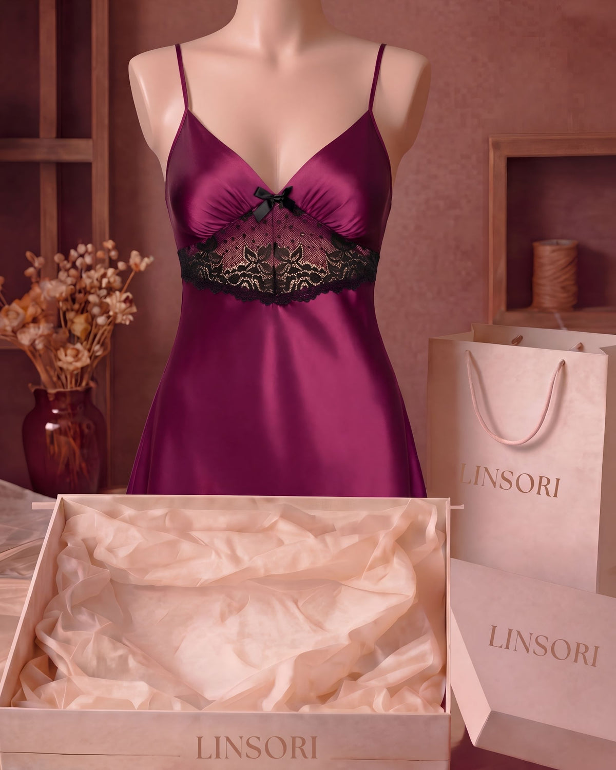 Linsori Plum Satin Nightdress Set - Mannequin View