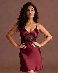 Linsori Plum Satin Nightdress Set - Front view 