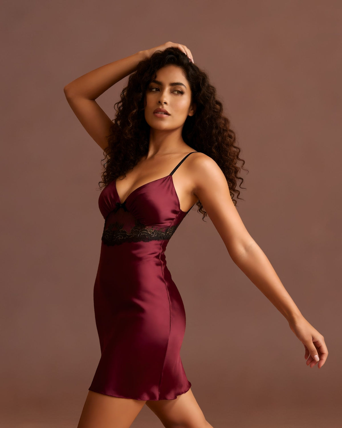 Linsori Plum Satin Nightdress Set - Styled view