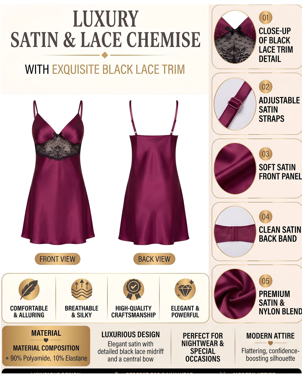 Linsori Plum Satin Nightdress Set -  Product detail view