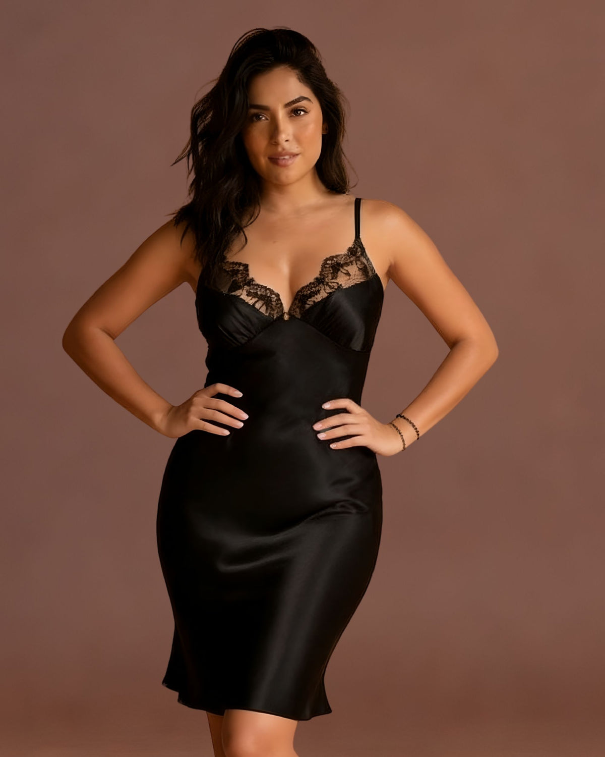 Linsori Noir Tattoo Satin Nightdress - Front view 