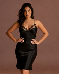 Linsori Noir Satin Tattoo Embroidered Nightdress — Premium - Front view 