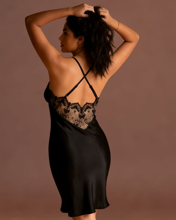 Linsori Noir Satin Tattoo Embroidered Nightdress — Premium -  back view