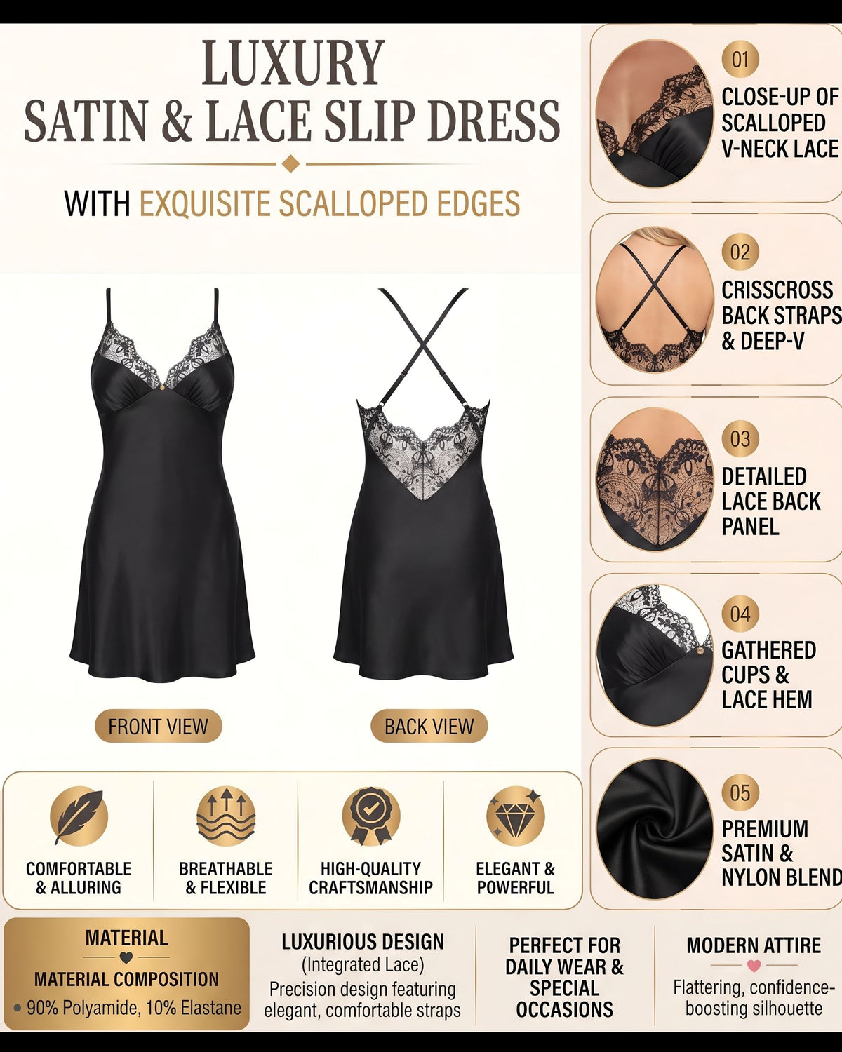 Linsori Noir Tattoo Satin Nightdress -  Product detail view