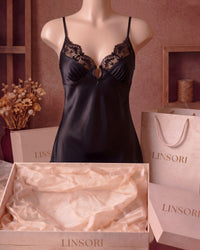 Linsori Noir Satin Tattoo Embroidered Nightdress — Premium - Mannequin View
