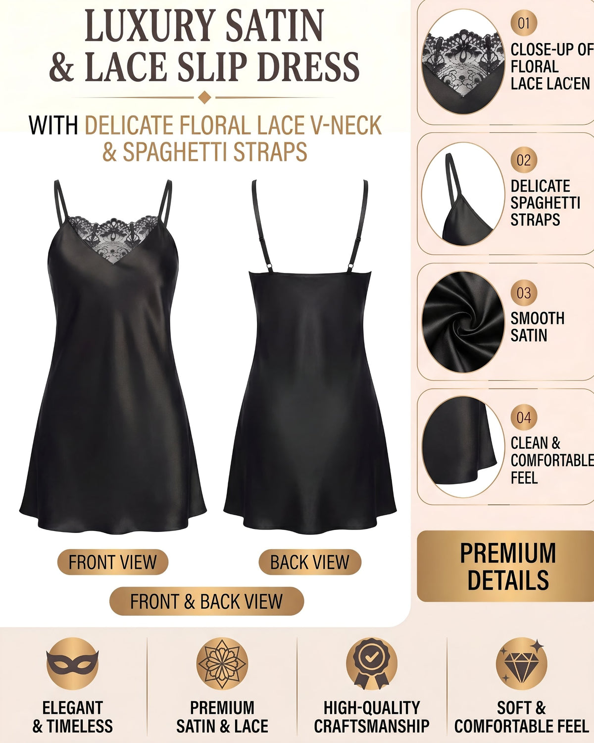 Linsori Noir Satin Tattoo Embroidered Nightdress — Classic -  Product detail view