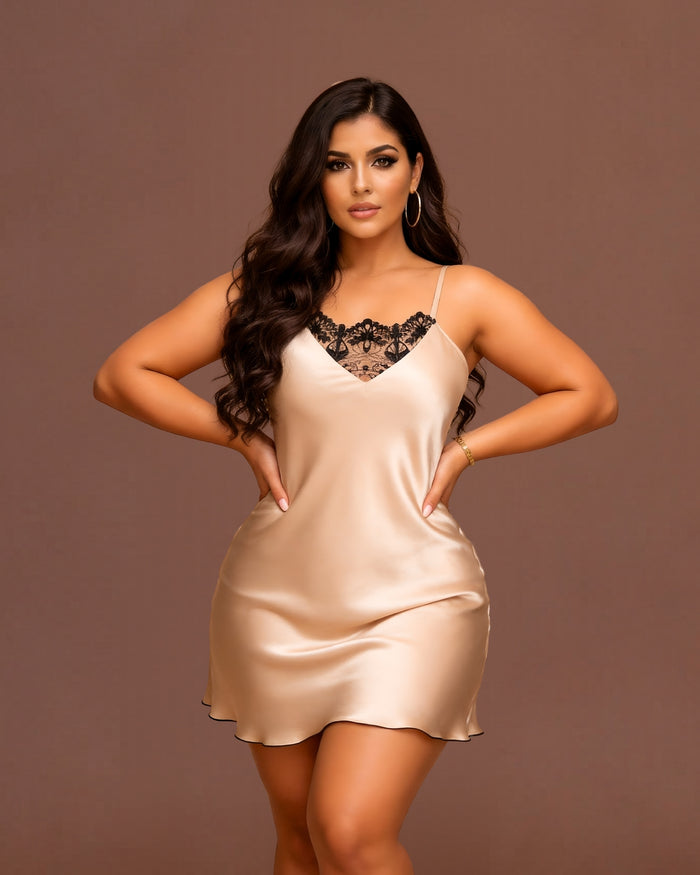 Linsori Champagne Satin Tattoo Embroidered Nightdress — Classic - Front view 