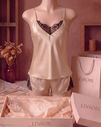 Noir Chiffon Robe with Blush Lace