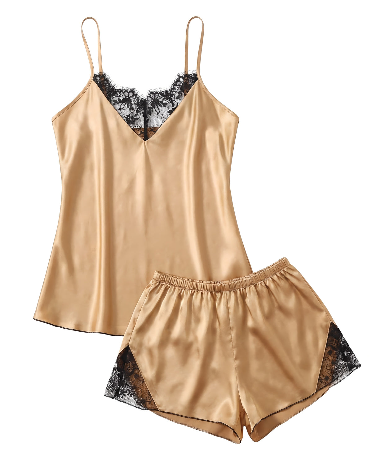 Linsori  Champagne Satin Embroidered Short Set - White background view