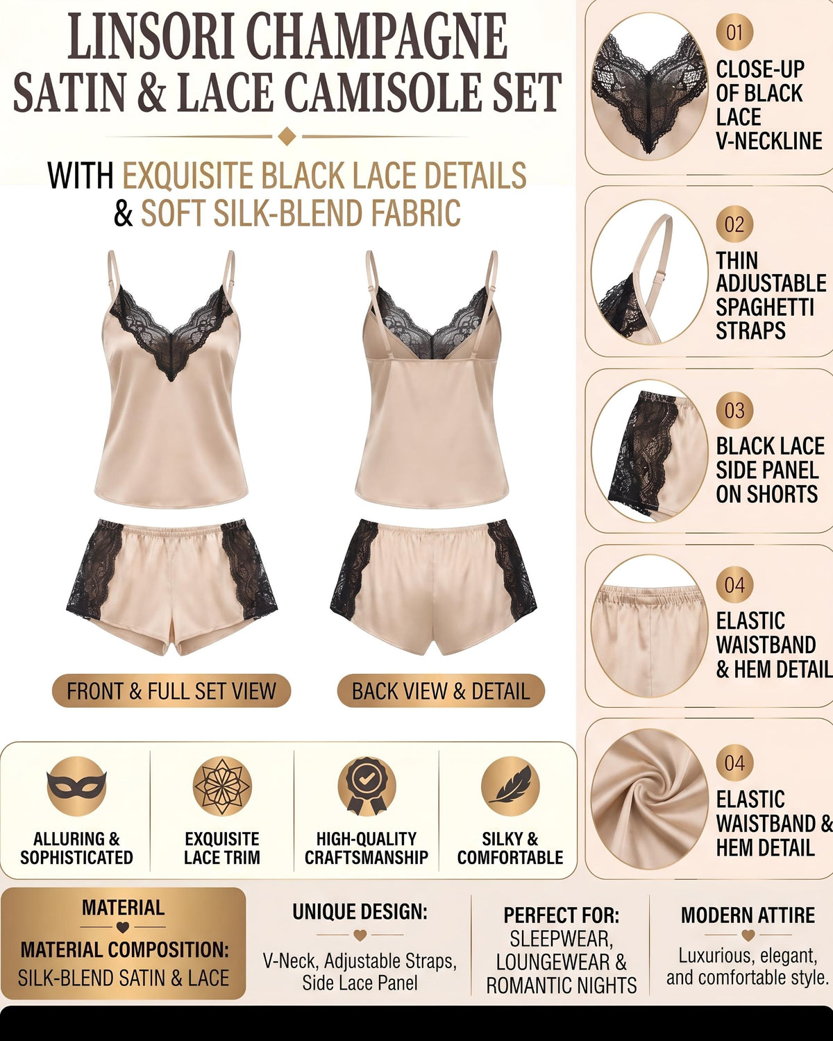 Linsori  Champagne Satin Embroidered Short Set -  Product detail view