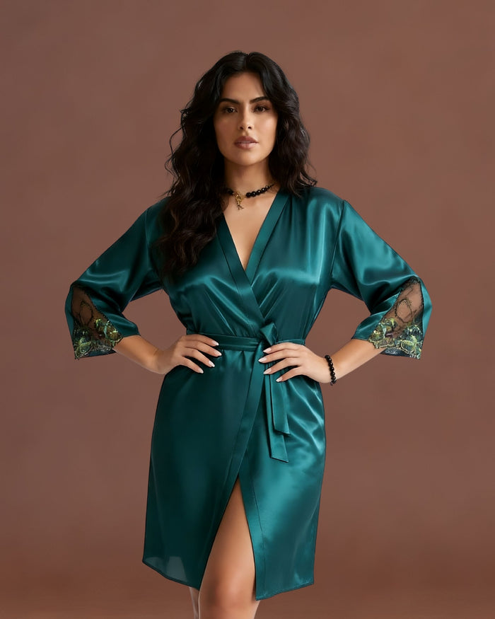 Linsori Jade Satin Embroidered Robe - Front view 