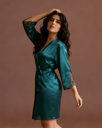 Linsori Jade Satin Embroidered Robe -  Left view