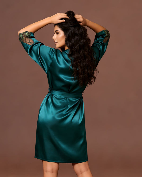 Linsori Jade Satin Embroidered Robe -  back view