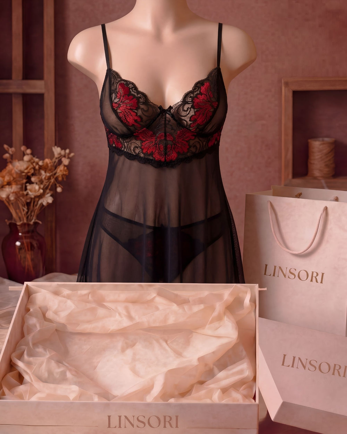 Linsori Noir Floral Chiffon Babydoll - Mannequin View