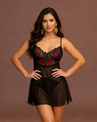 Linsori Noir Floral Chiffon Babydoll - Front view 