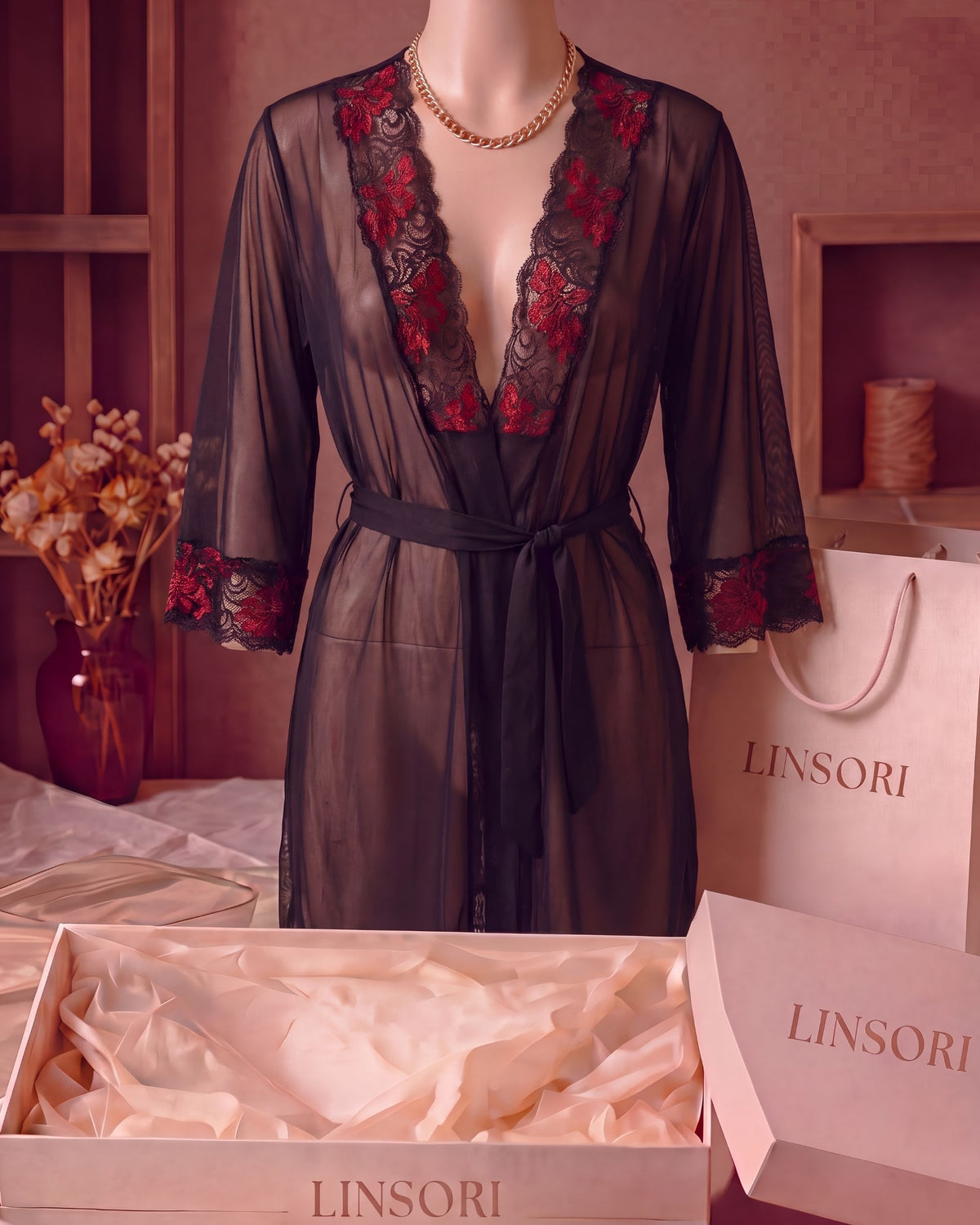 Linsori Noir Chiffon Robe with Lace - Mannequin View