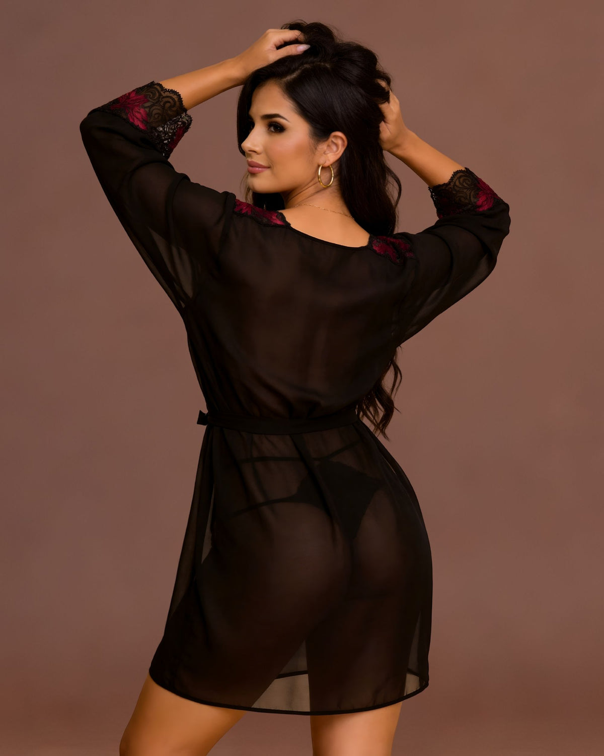 Linsori Noir Chiffon Robe with Lace -  back view
