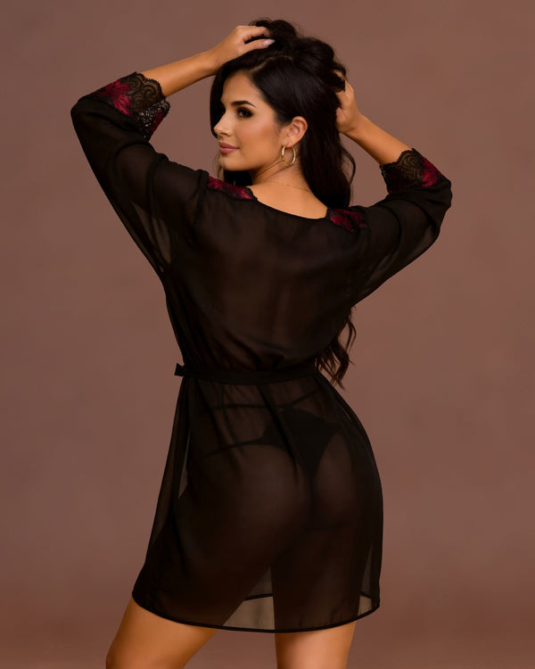 Linsori Noir Chiffon Robe with Lace -  back view