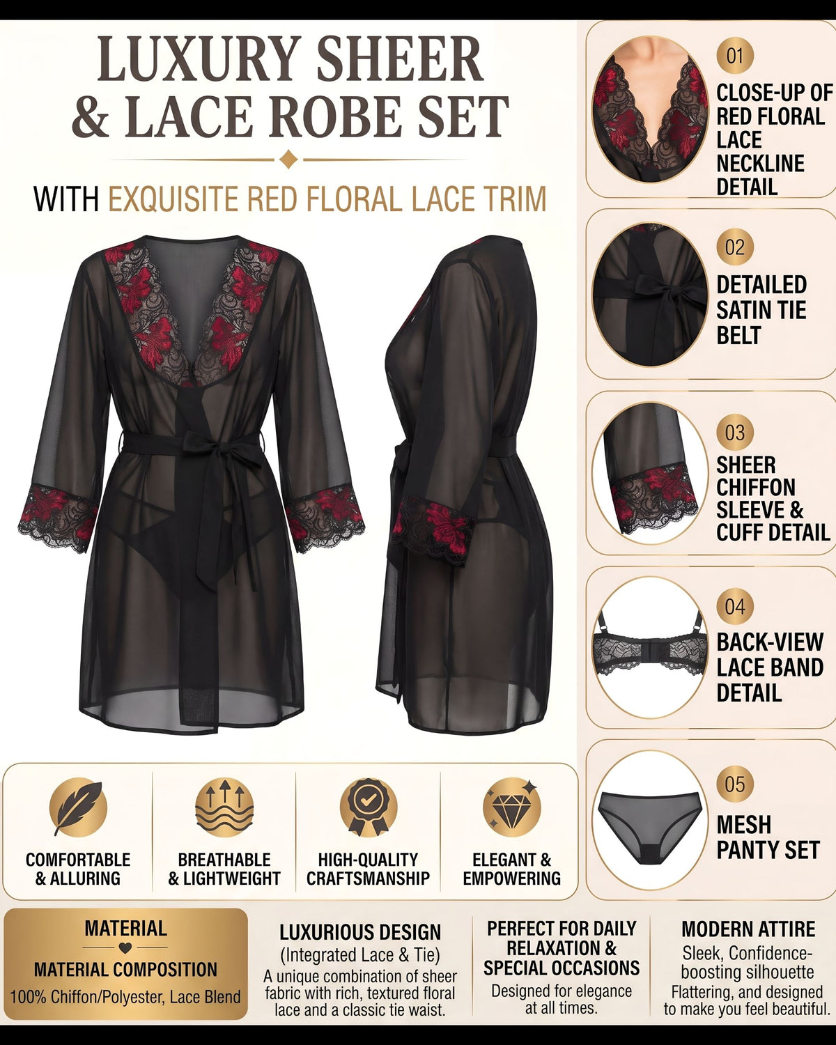 Linsori Noir Chiffon Robe with Lace -  Product detail view