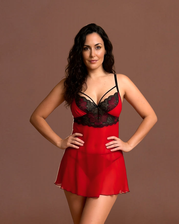 Linsori Scarlet Floral Chiffon Babydoll - Front view 