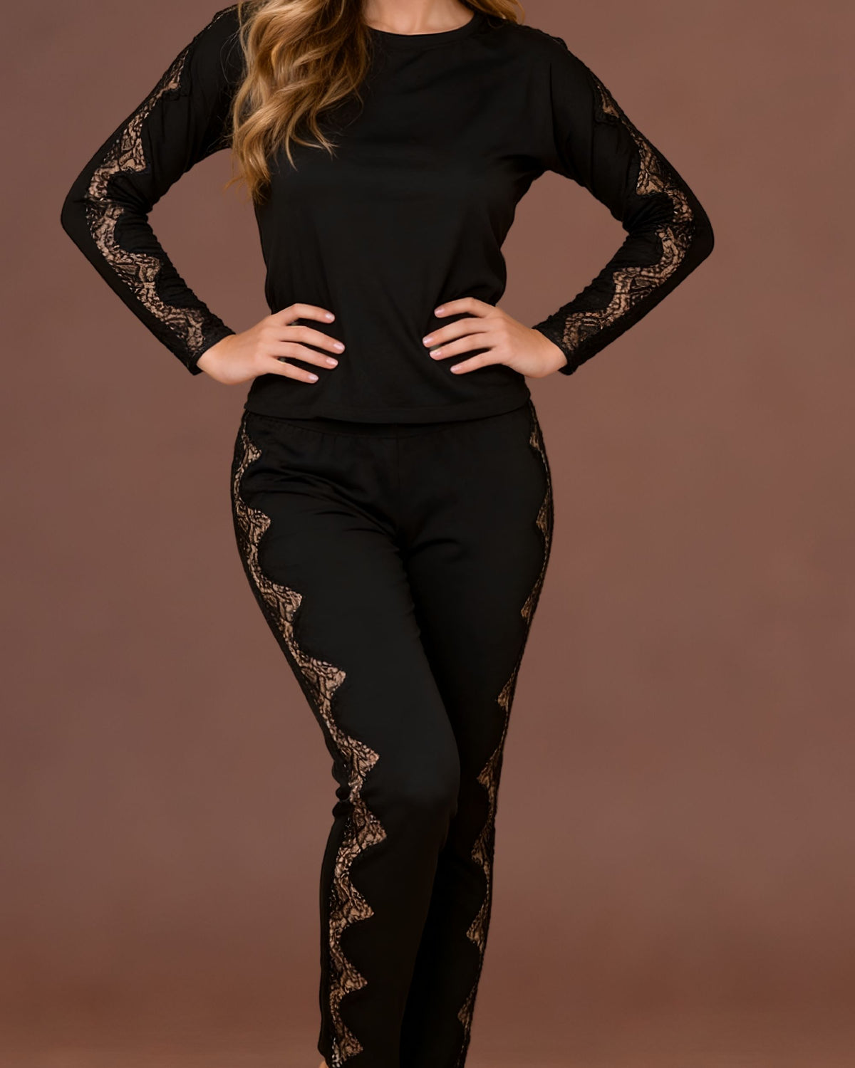 Linsori Noir Lace-Trimmed Pyjama Set - Styled view