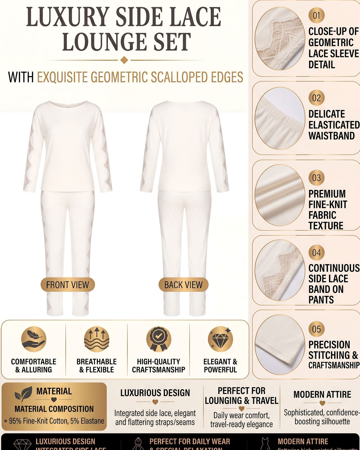 Linsori Ivory Lace Trimmed Pyjama Set -  Product detail view