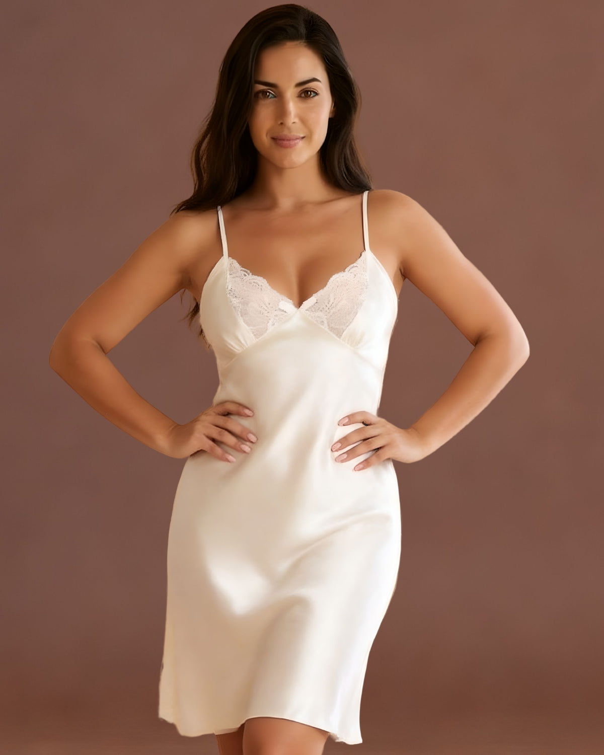 Linsori Pearl Satin Lace Nightdress - Front view 