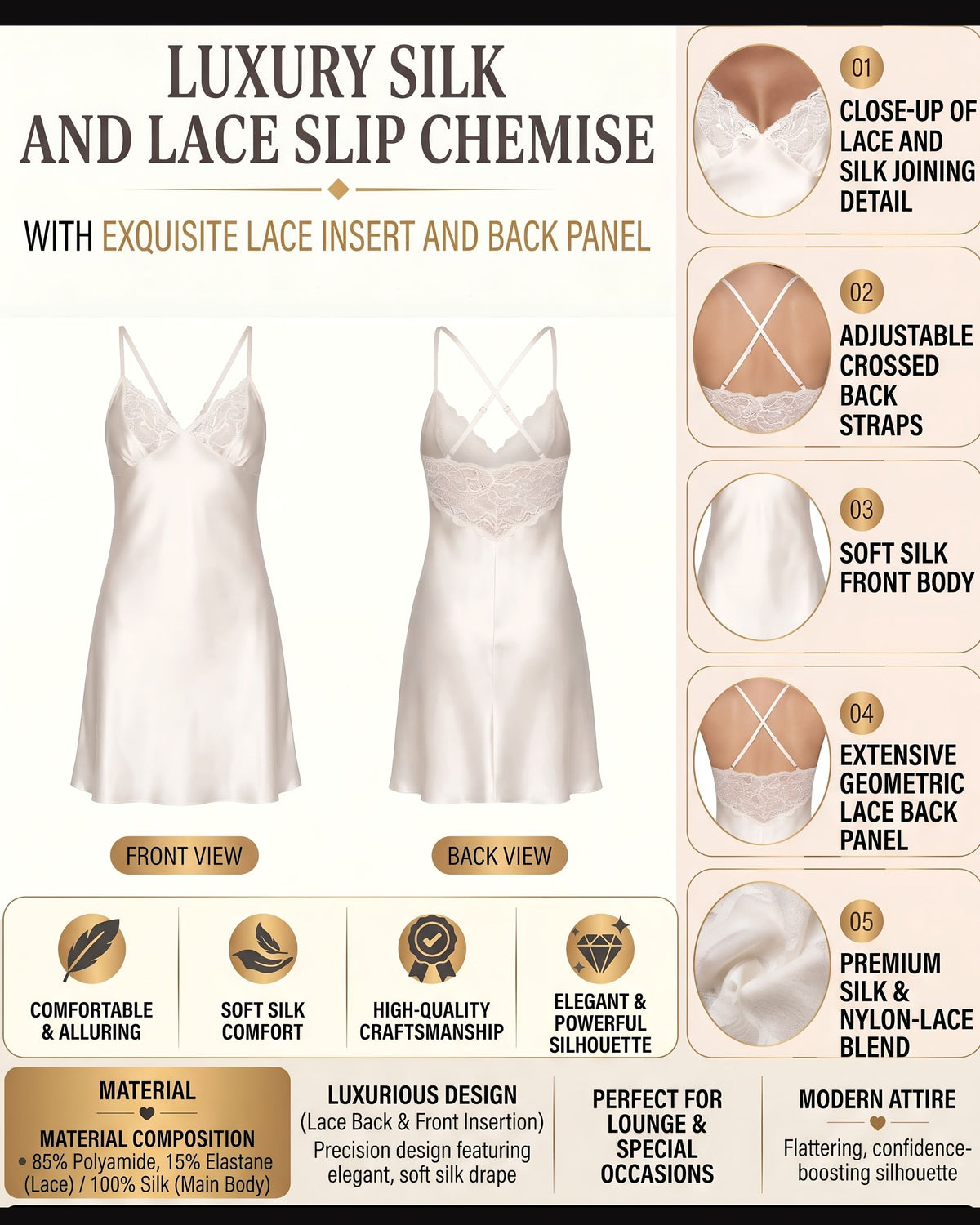 Linsori Pearl Satin Lace Nightdress -  Product detail view