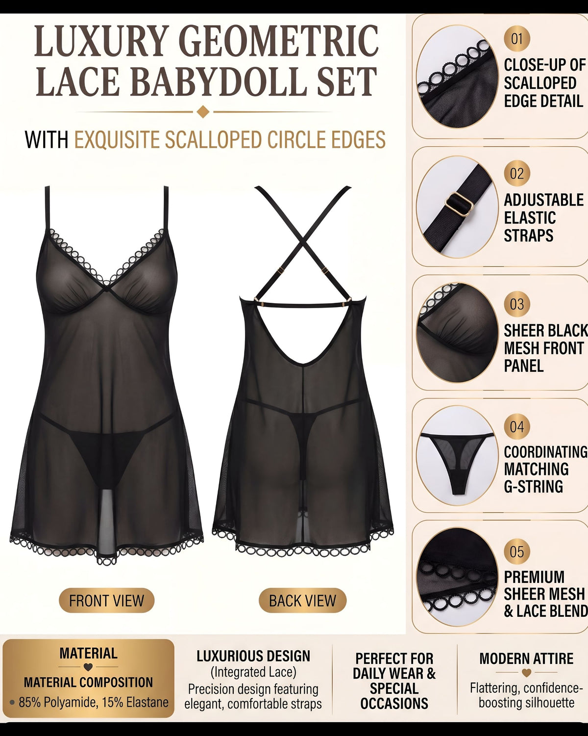 Linsori Noir Hoop Lace Babydoll Piece -  Product detail view