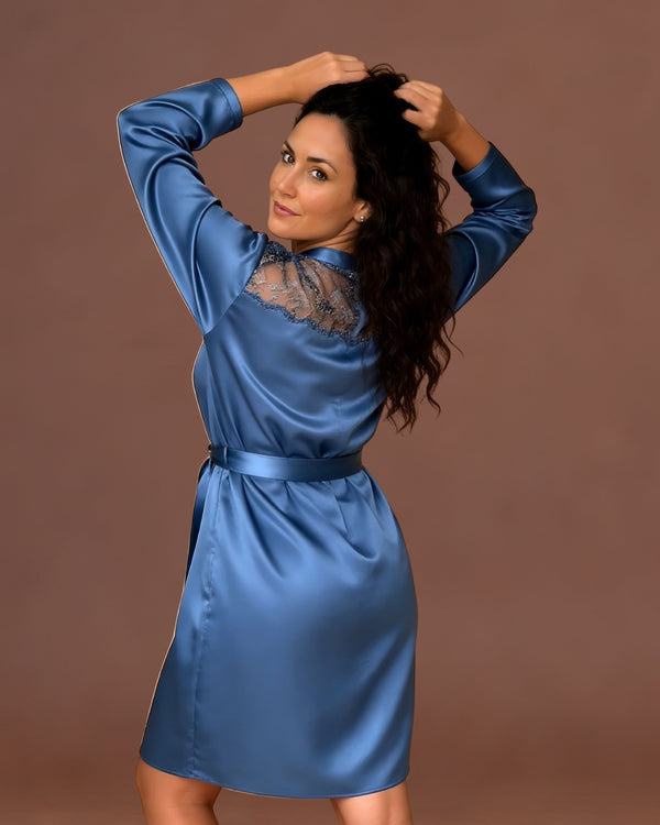 Linsori Azure Satin Embroidered Robe -  back view