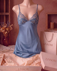Linsori Azure Satin Embroidered Nightdress - Mannequin View