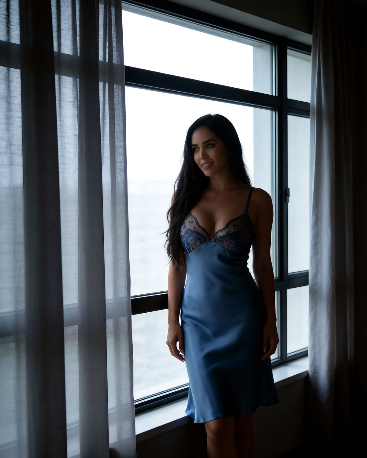 Linsori Azure Satin Embroidered Nightdress - Lifestyle view