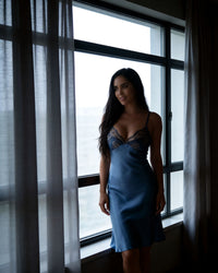 Linsori Azure Satin Embroidered Nightdress - Lifestyle view