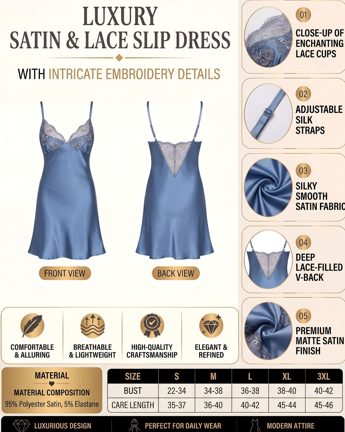 Linsori Azure Satin Embroidered Nightdress -  Product detail view