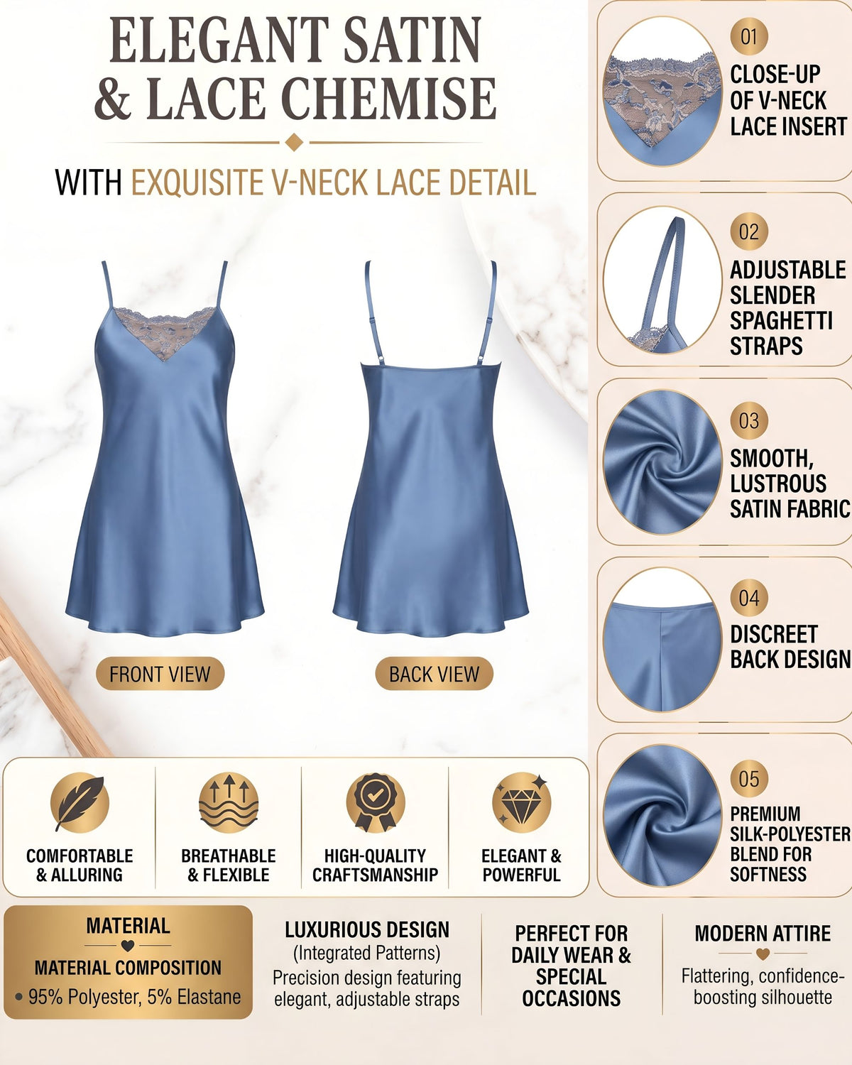 Linsori Azure Floral Satin Nightdress -  Product detail view