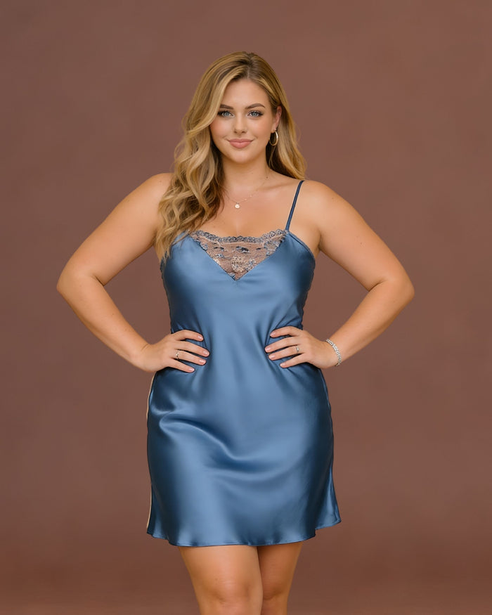 Linsori Azure Floral Satin Nightdress - Front view 