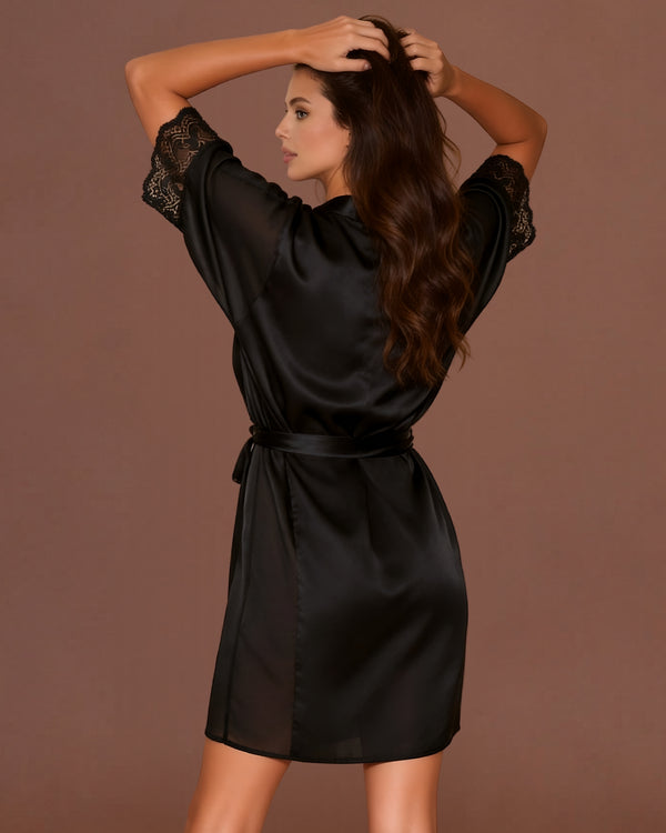 Linsori Noir Satin Kimono Smooth Satin Robe -  back view