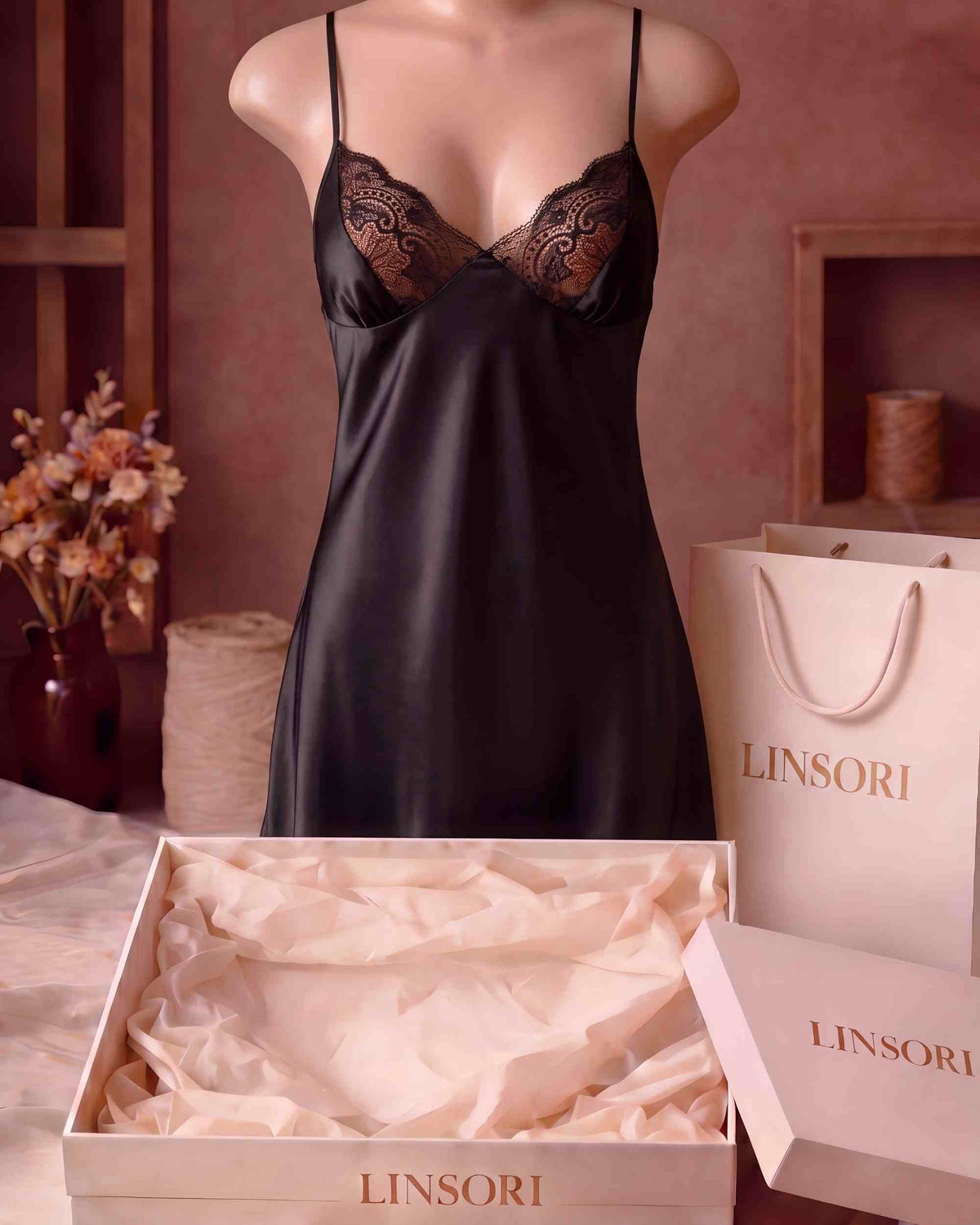 Linsori Noir Satin Nightdress with Lace - Mannequin View