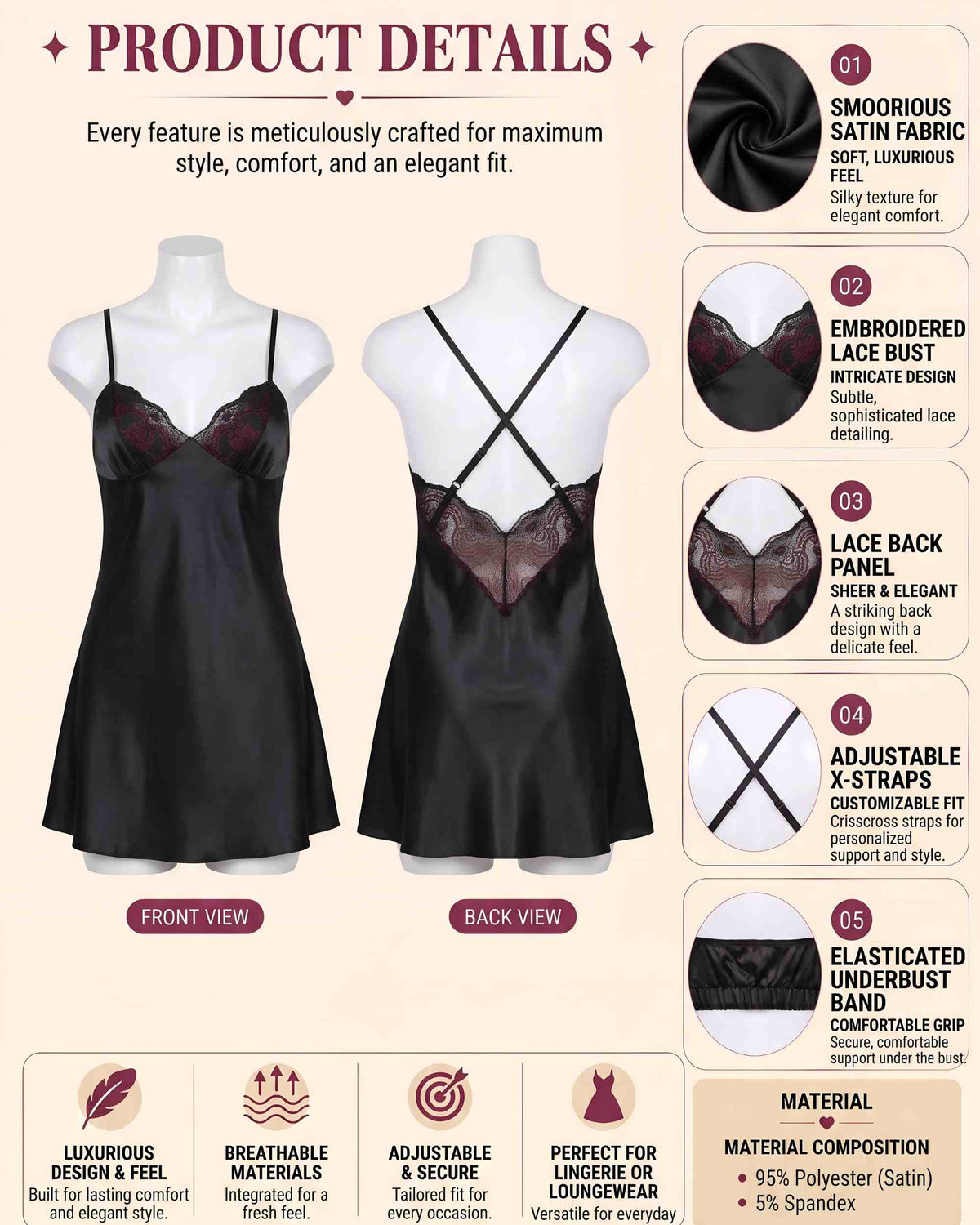 Linsori Noir Satin Nightdress with Lace -  Product detail view