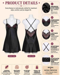 Linsori Noir Satin Nightdress with Lace -  Product detail view