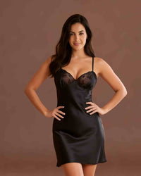 Linsori Noir Satin Nightdress with Lace - Front view 