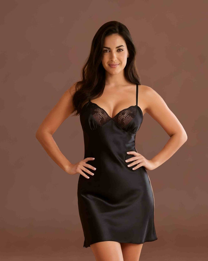 Linsori Noir Satin Nightdress with Lace - Front view 