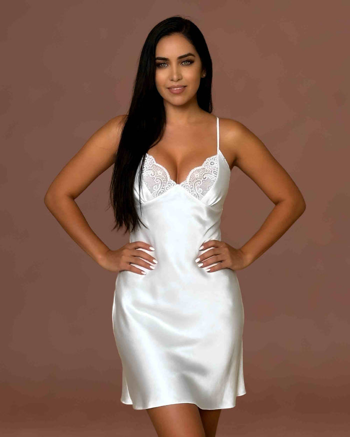 Linsori Pearl Satin Nightdress with Lace - Front view 