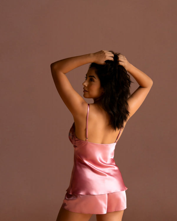 Linsori Dusty Rose Satin Embroidered Set -  back view